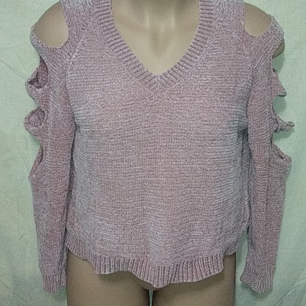 Cold Shoulder Ladder Sleeve Mauve V-neck Sweater XL